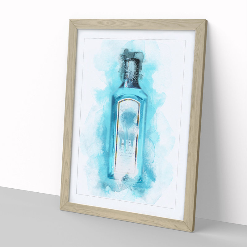 Gin Bottle Blue - Picture Frame Graphic Art, 90cm H x 65cm W x 2cm D, Oak