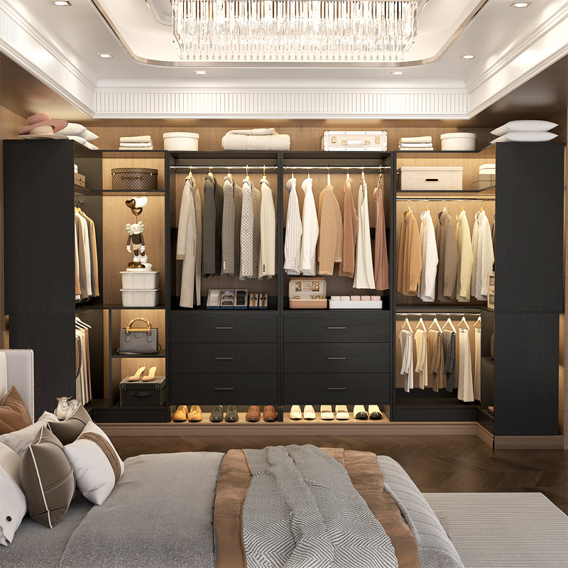  112.5" Closet System with Wooden Drawers and Hanging Rods, Black