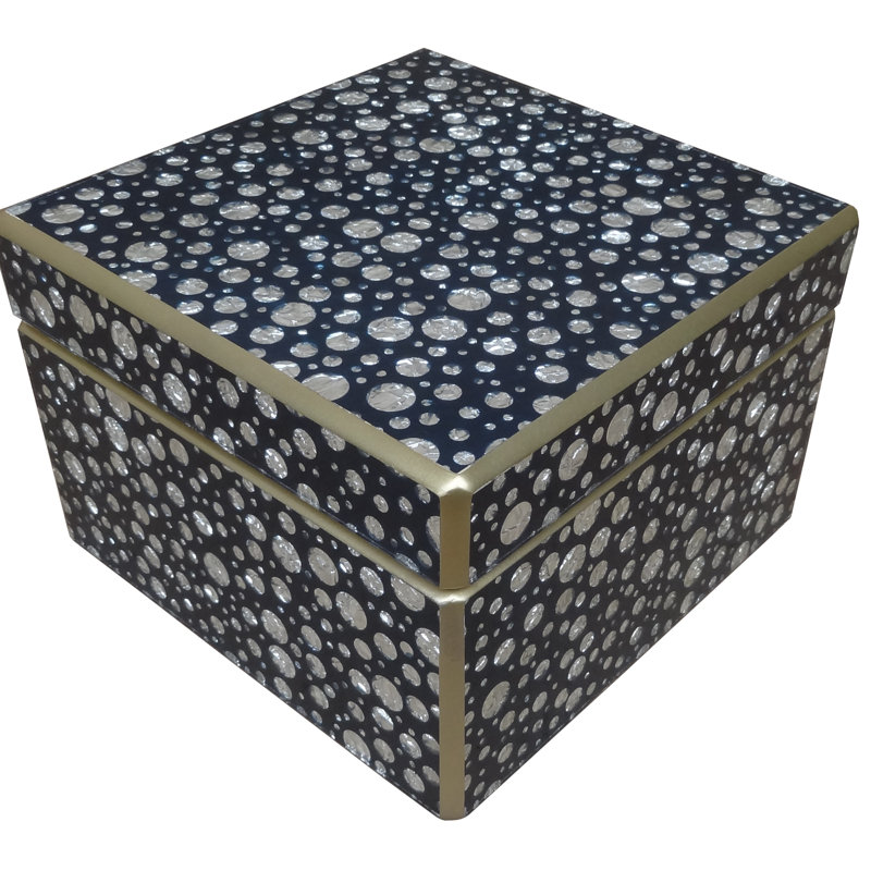 Boîte carrée de miroir peinte à la main à pois argentés - Moyen, Bleu / Argent