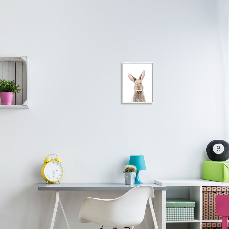 «Rabbit Face», impression encadrée sur bois, H 14 po x l 11 po x P 1,5 po, Estampe numérique encadrée blanc bord de mer