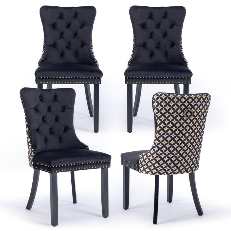Ensemble de 4 chaises de salle à manger rembourrées en tissu velours noir, Tissu écossais noir, Noir, noir, noir, noir