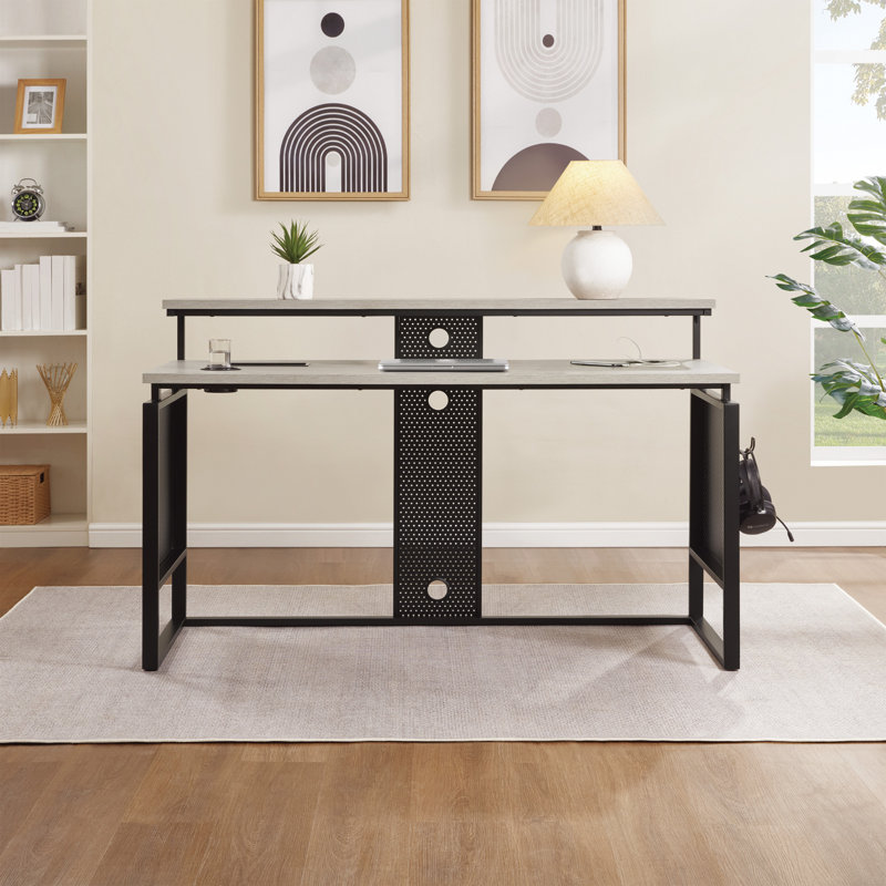 Poukner 60" Desk with Hutch Shelf, Gray Taupe/Matte Black