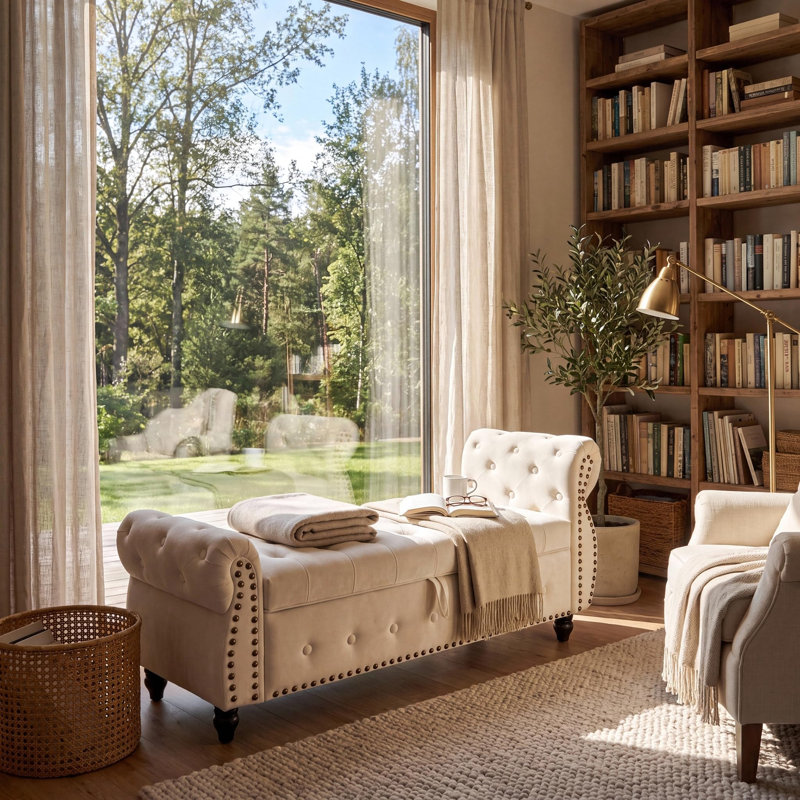 Velvet Upholstered Storage Bench, Beige