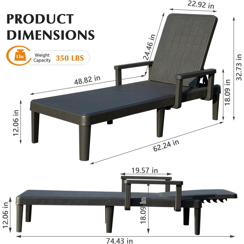 Pool Lounge Chairs Set Of 2, Outdoor Lounge Chairs With 6 Positions Backrest Adjustable Armrest, Resin Waterproof Chaise Lounge Outdoor For Poolside Patio