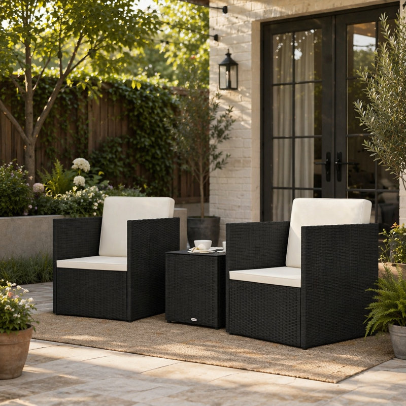 Ensemble bistro pliant avec structure en acier et rotin PE, idéal pour la détente en plein air et le rangement facile