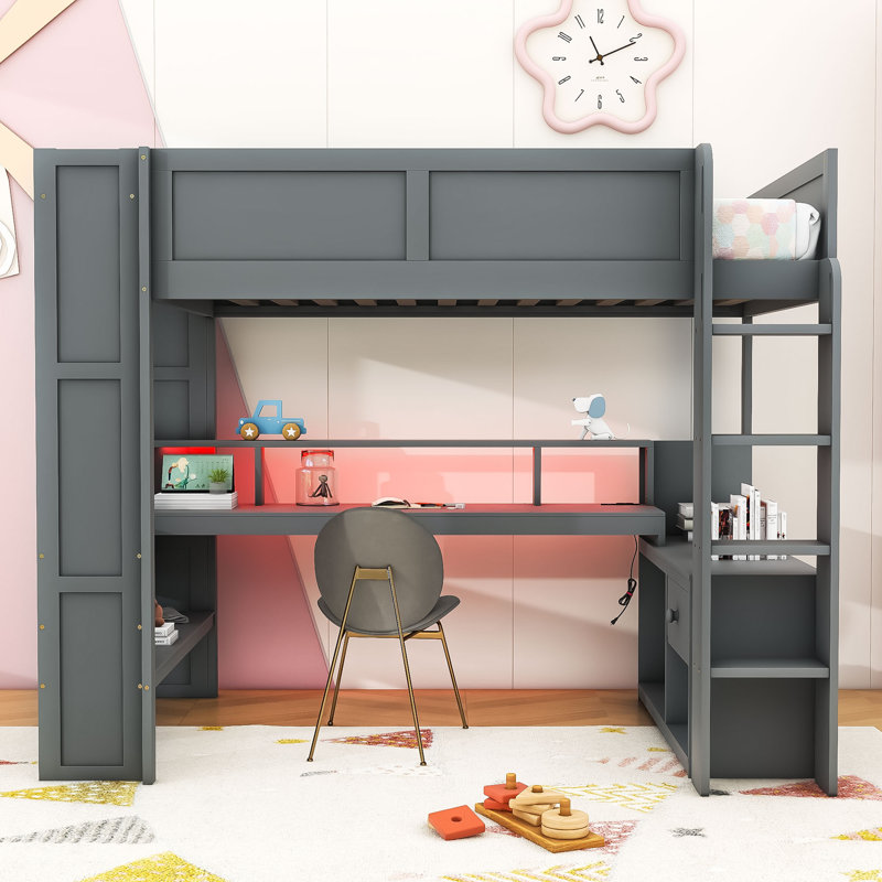 Jenri 1 Drawer Wood Loft Bed with Desk and Multi-storage Shelves and LED, Full