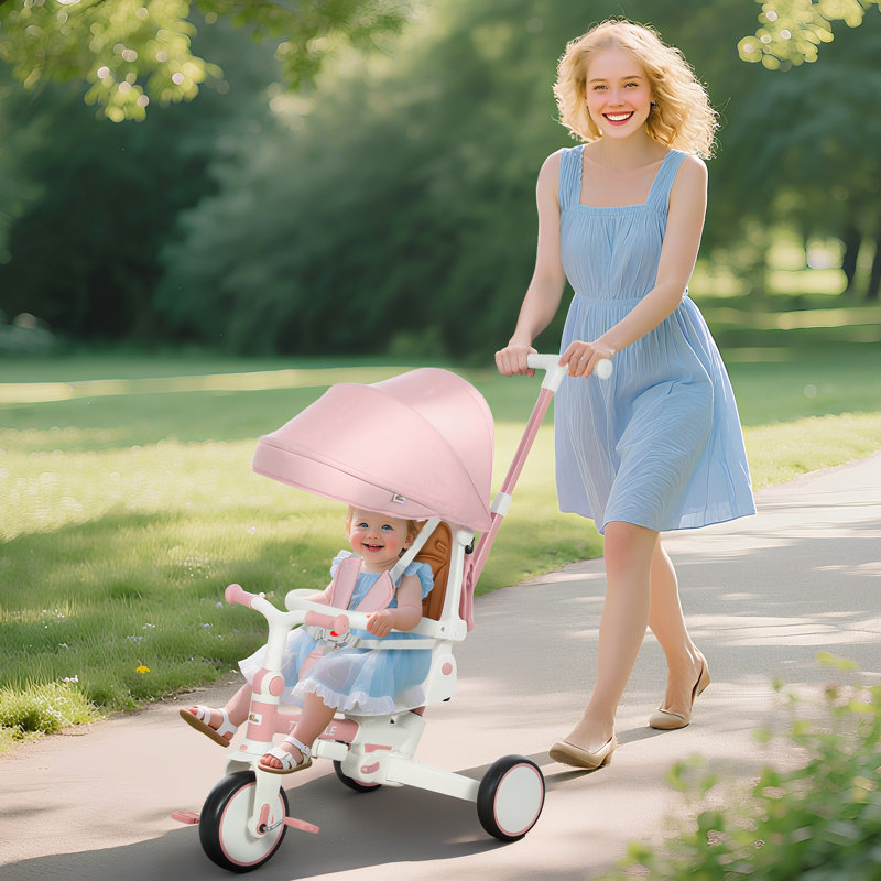 Poussette tricycle 7 en 1 pour tout-petits 1-5 ans, vélo pliable pour tout-petit avec poignée réglable, siège rotatif, pavillon amovible, harnais de sécurité, double frein, repose-pieds, rose