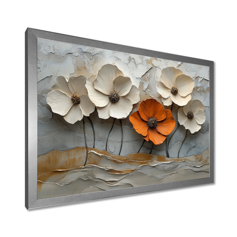 Blanc et orange, coquelicots en fleurs - coquelicots, art mural, H 30 po x l 40 po, Gold Picture Framed