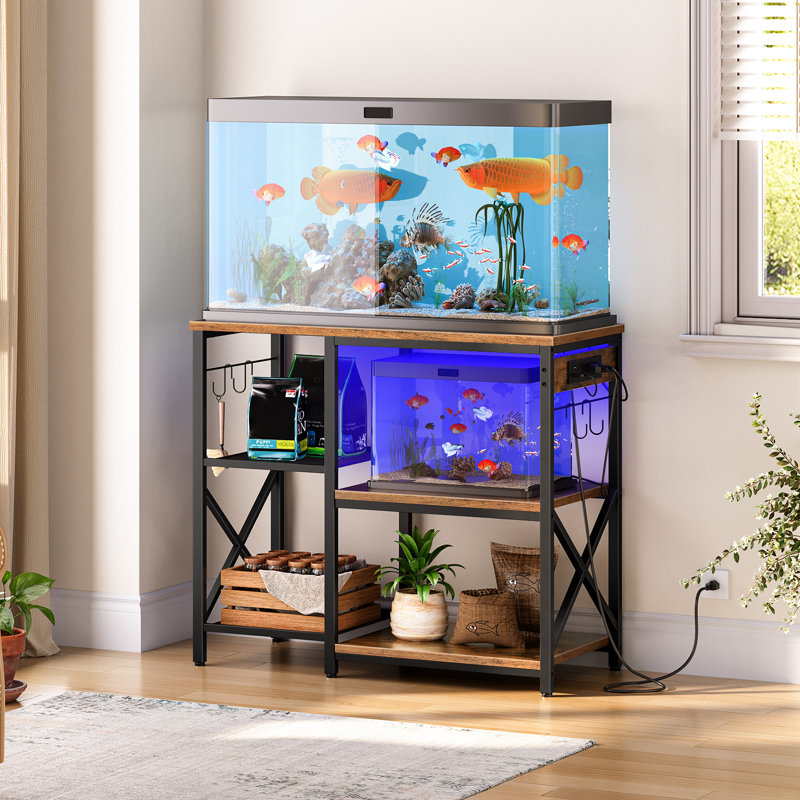 Black and Brown Metal Aquarium Stand with LED Light and Power Outlets