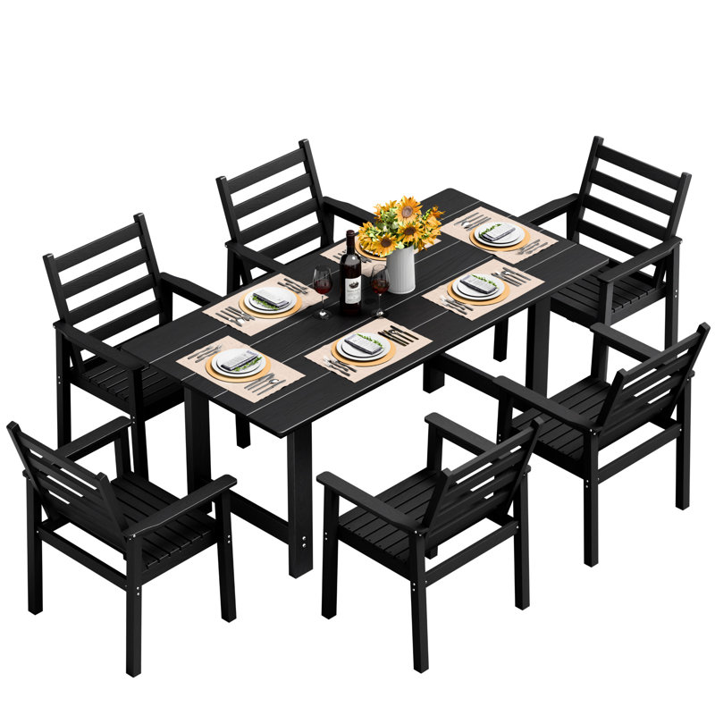 7 Pcs Outdoor Dining Set, HDPE Dining Set for 6 with Rectangular Table & 6 Chairs