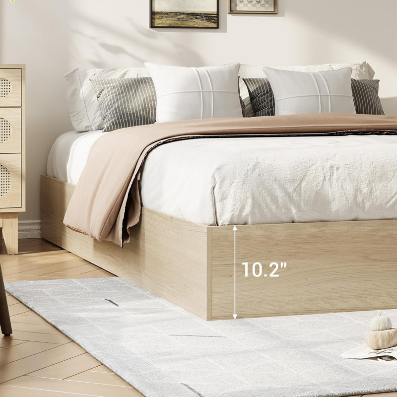 California King Wood Bed Frame with 2 Storage Drawers, No Box Spring, California King, Beige