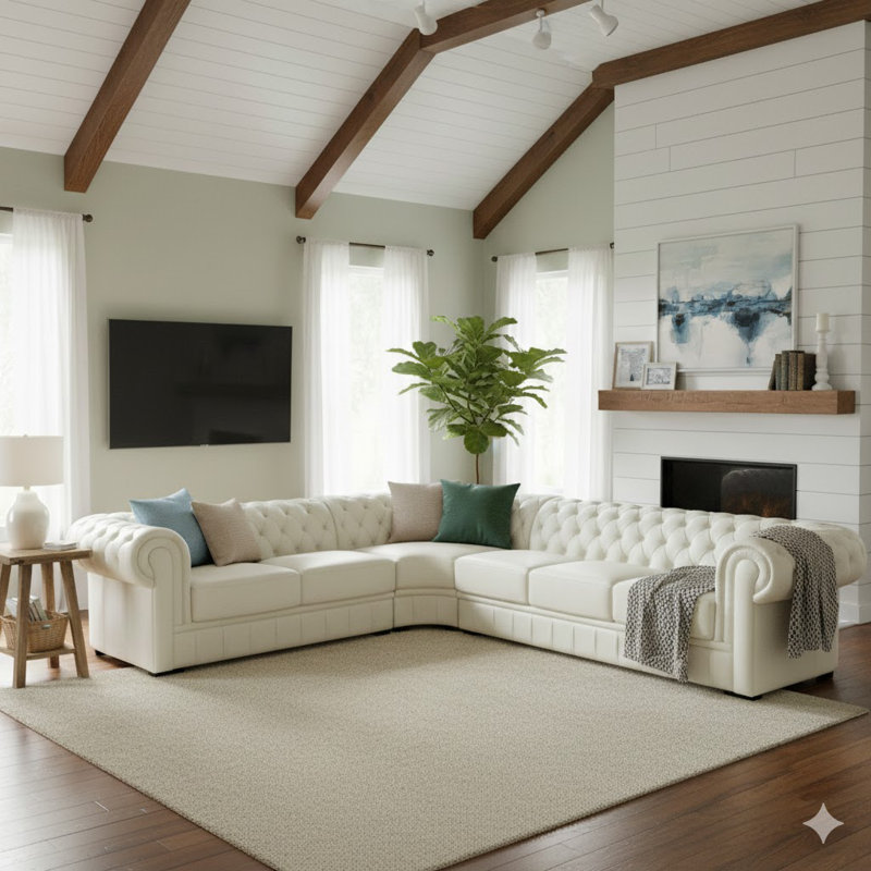 3-Piece 138”W Handcrafted Cow Top Grain Leather 3-Piece Chesterfield Sectional , Left Hand Facing, White