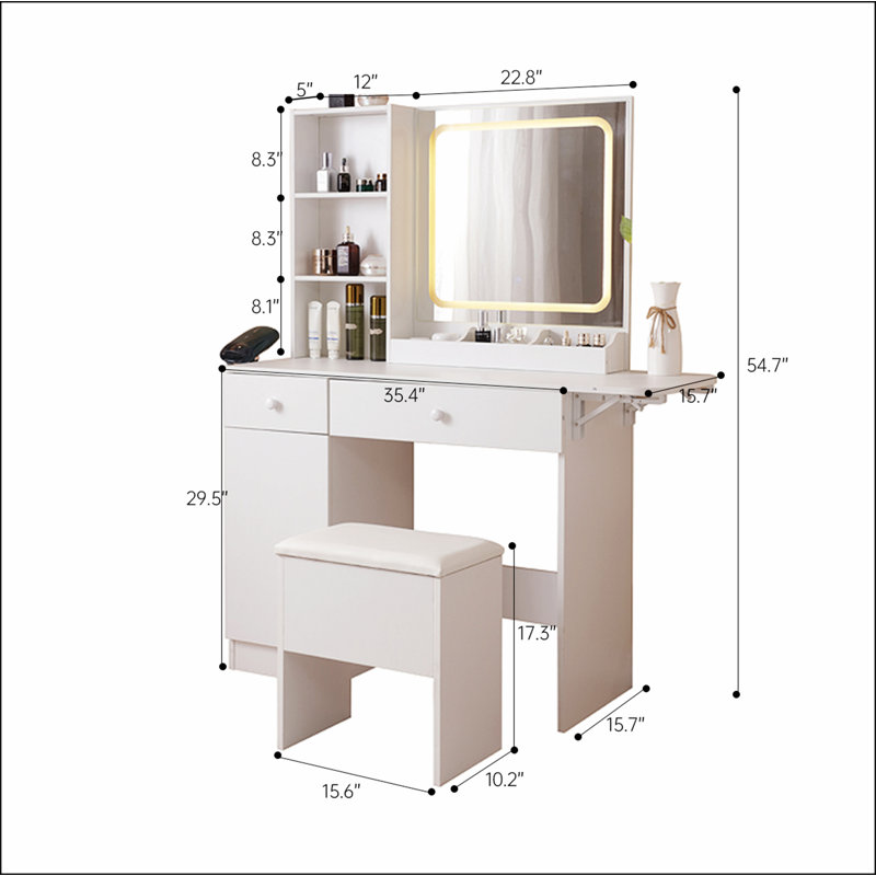 Vanity Desk with Lighted Mirror & Power Outlet, Makeup Vanity Desk with Drawers and Large Storage Cabinet  for Bedroom, 3 Lighting Modes Adjustable Brightness, Storage Stool