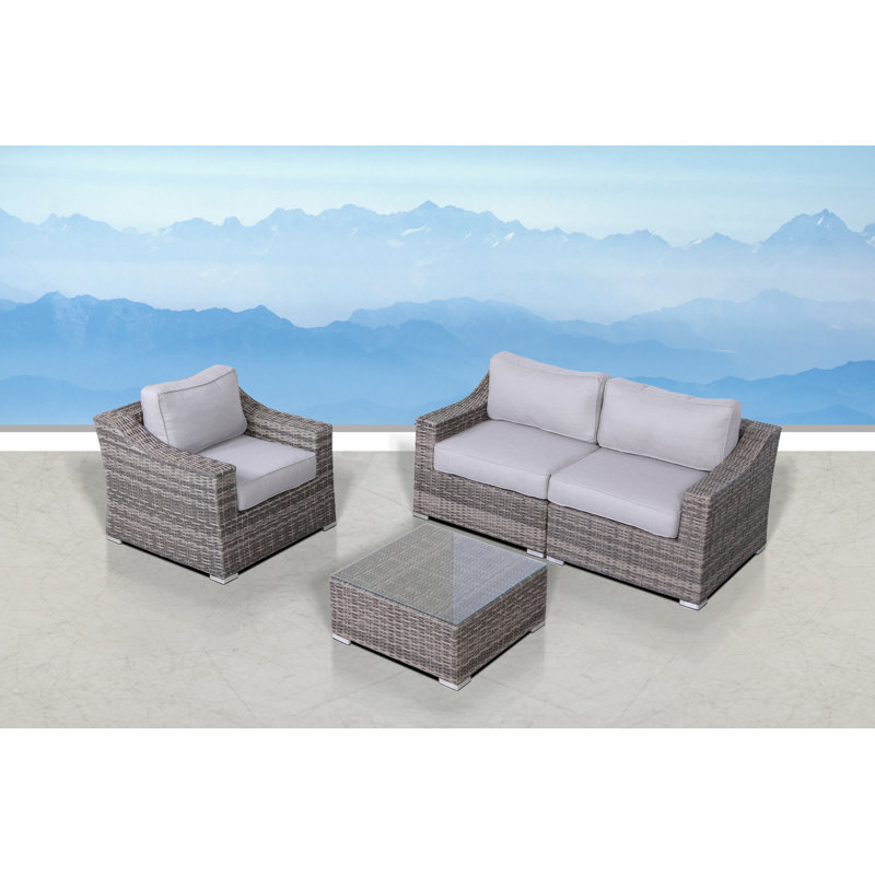 Ensemble de conversation en osier pour 3 personnes avec coussins Moyeda, Mélange de gris