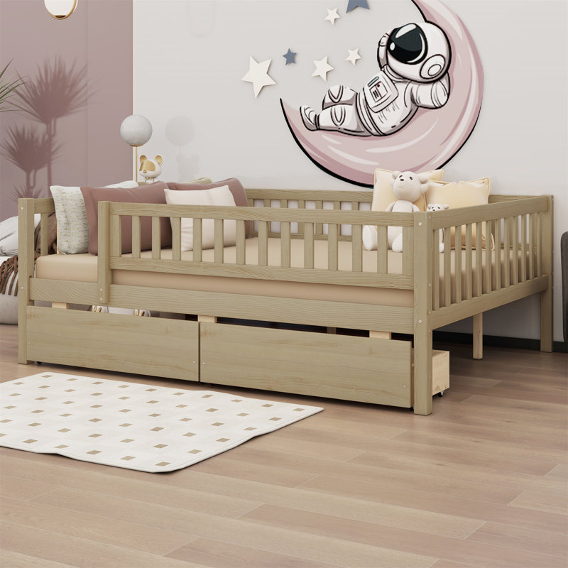 Lit de jour simple en bois avec deux tiroirs, Double, Naturel