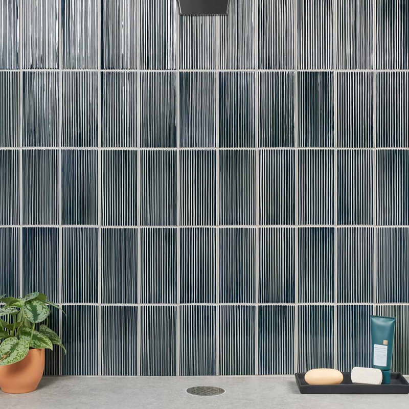 Nabi Subway 4.5x9 Fluted Ridged Crackled Glossy Glass Tile, Midnight Blue Green