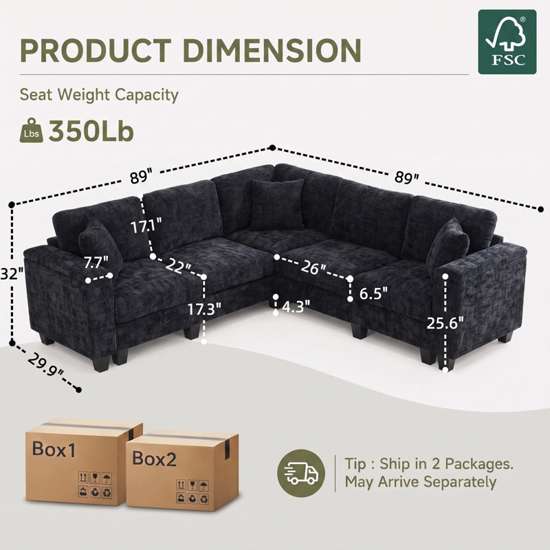 Canapé d'angle en L de 226 cm (89 po), canapé d'angle 5 places avec accoudoirs et rangement dissimulés, canapé d'angle Cloud confortable en chenille avec 3 coussins, canapés profonds modernes pour salon, noir
