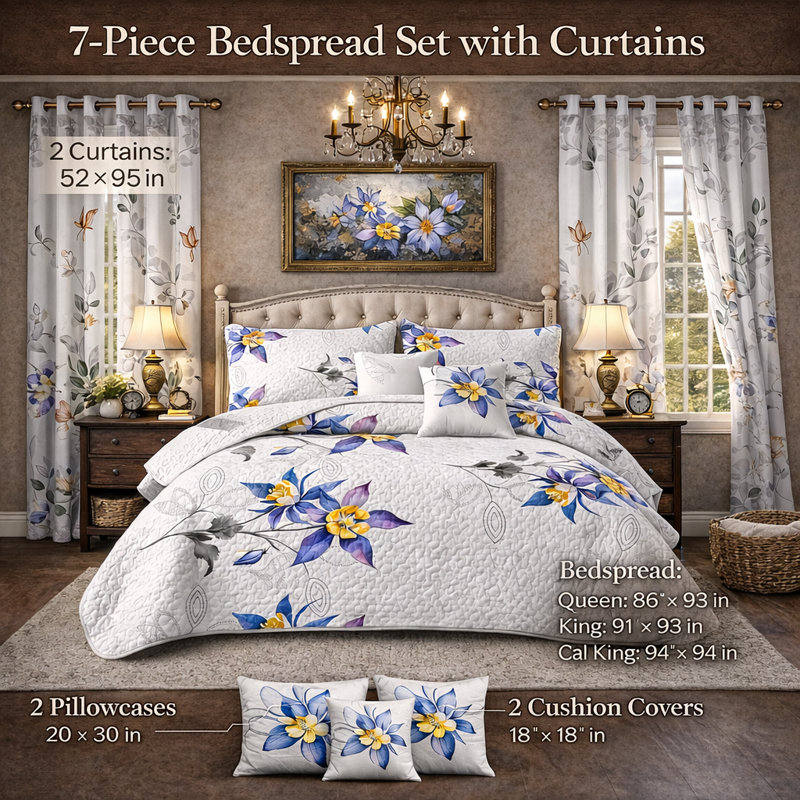 Ensemble de couvre-lit floral avec housses et rideaux décoratifs, grand, blanc, Couvre-lit grand + 6 pièces supplémentaires