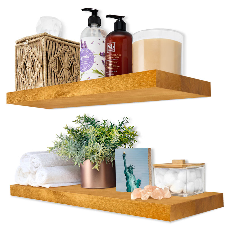 Sorbus Wood Floating Shelves for Wall - Long 16” Solid Wood Wall Shelves for Bathroom Decor, Books, Bedroom & Living Room - Set of 2, Maple
