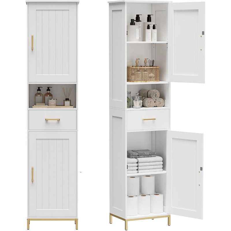 Armoire de rangement pour salle de bain H 67 po, armoire de salle de bain haute blanche, armoire étroite avec portes et tiroir, tablettes réglables, armoire de plancher pour salle de bain, salon, cuisine, salle à manger
