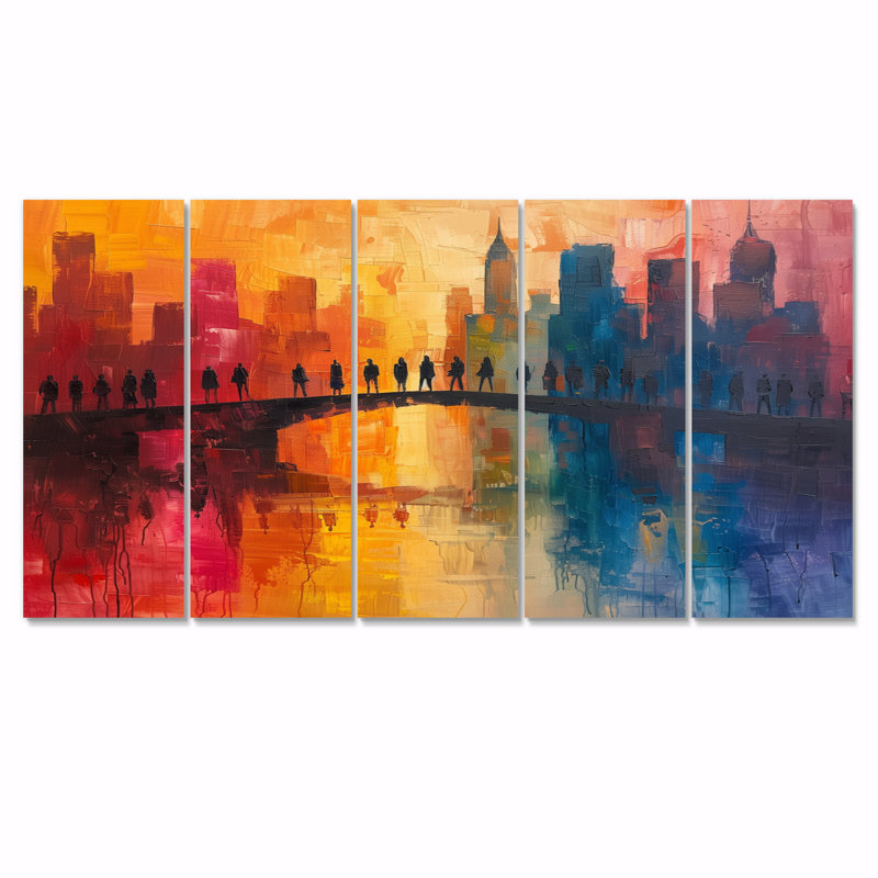 Ensemble d'art mural rouge et bleu City Skyscrapers - Bridges, H 32 po x l 80 po