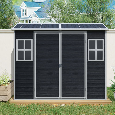 8 Ft X 4 Black Outdoor Storage Shed With Double Door And Two Windows, Plastic, Floor For Garden, Patio, Yard, Lawn, Pad - Lockable, Water , Natural Lighting, Effortless Setup Shed, Black, Door,