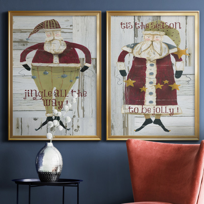 Jingle Santa - ensemble de 2 reproductions, H 22,5 po x l 61 po x P 1,5 po, Toile encadrée dorée, Pas de tapis
