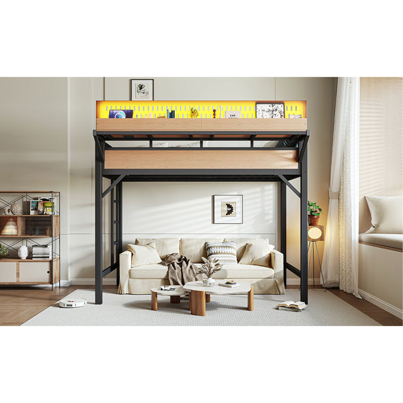 Structure de lit simple de taille mezzanine avec tablettes de rangement et panneau perforé, lit mezzanine en métal avec ports USB et lumières DEL, sécuritaire et robuste