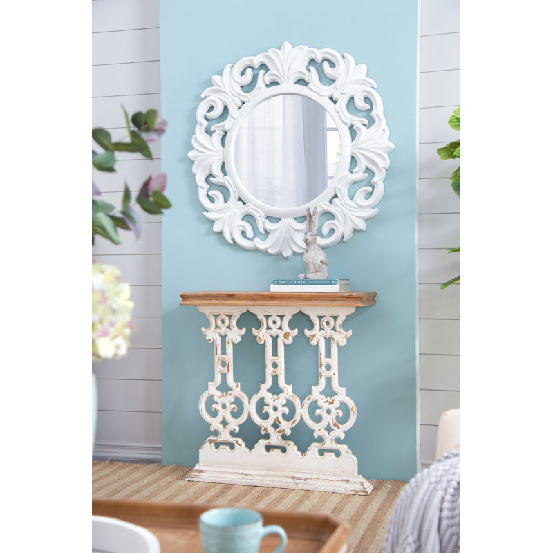 Console 32 po x 12 po x 32 po Classic Vintage White Wash avec plateau en bois brun