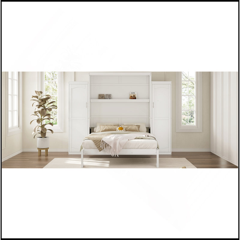 Murphy Bed With 2 Wardrobe And Storage Shelf, Multifunctional Foldable Platform Bedframe For Guest-Room, Bedroom, White