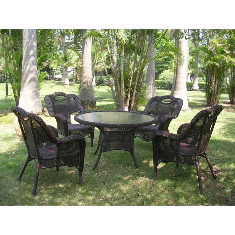 Hanish 4 - Person Wicker Patio Dining Set with Round Table, Antique Pecan