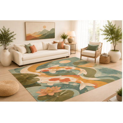 "Ultra Lightweight" 5' x 7' Koi Pond Area Rug for Living Room, Soft Low Pile Indoor Rug with Non-Slip Silicone Backing, Decorative Carpet for Bedroom, Dining Room, Office, Kids & Pets
