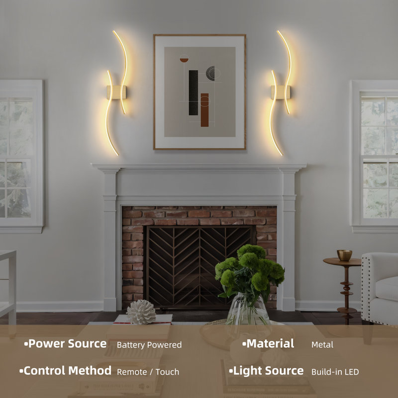 2-Pack Battery Operated Wall Sconces with Remote Control, Non-Hardwired LED Flush Mounted Sconces, Brushed Brass, 39.3 Inch