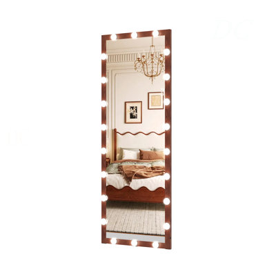 Hollywood Full Length Mirror With Lights Full Body Vanity Mirror With 3 Color Modes Wall Lighted  Standing Floor Mirror For Dressing Room Bedroom Hotel Touch Control Walnut 62.6"X23.3"