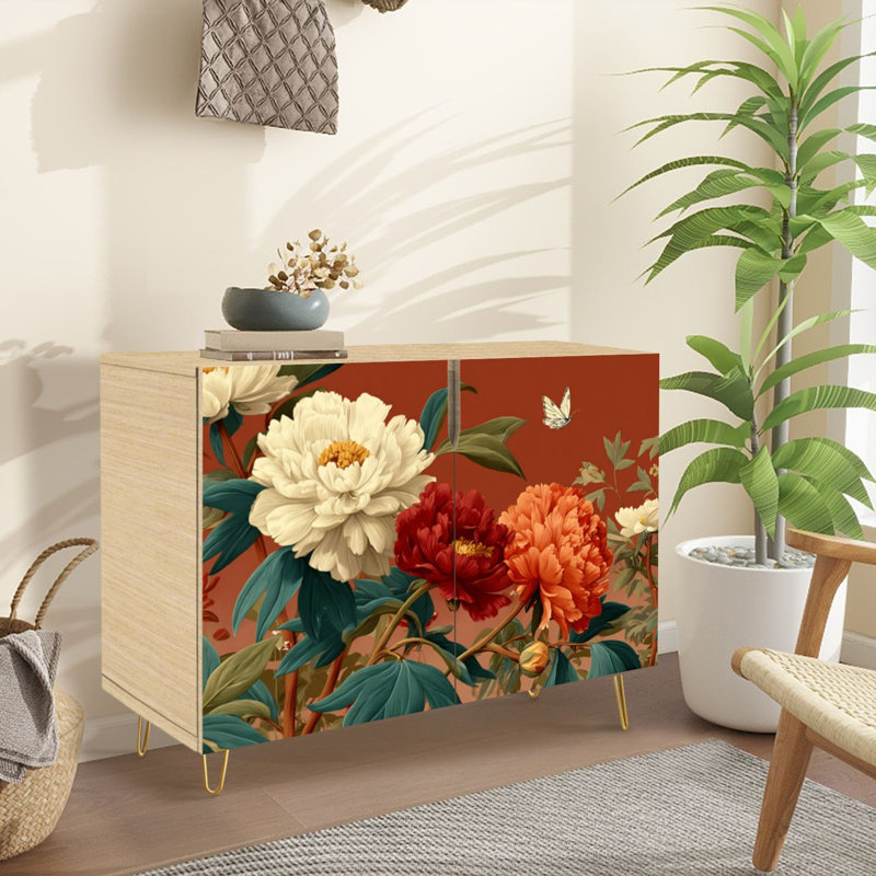 Buffet Buffet avec rangement Vibrant pivoines blanches orange et rouges avec 2 portes pour le salon et la cuisine