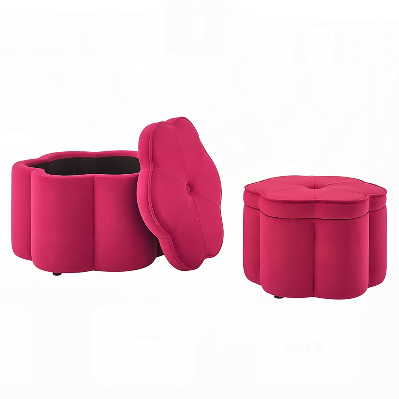 Set of 2 Ottoman with Storage,Flower Shape Petal Ottoman, Rose Pink