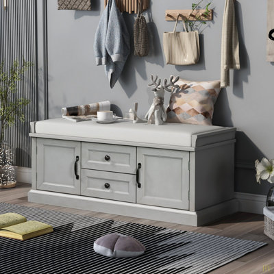 Banc de rangement avec 2 tiroirs et 2 armoires, banc à chaussures avec coussin amovible pour le salon, vestibule
