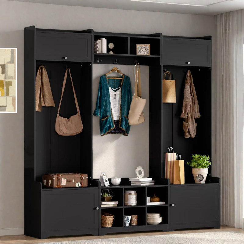 4-in-1 Modern Hall Tree With Shoe Storage, Cubbies, Coat Hooks And Adjustable Shelves, Black