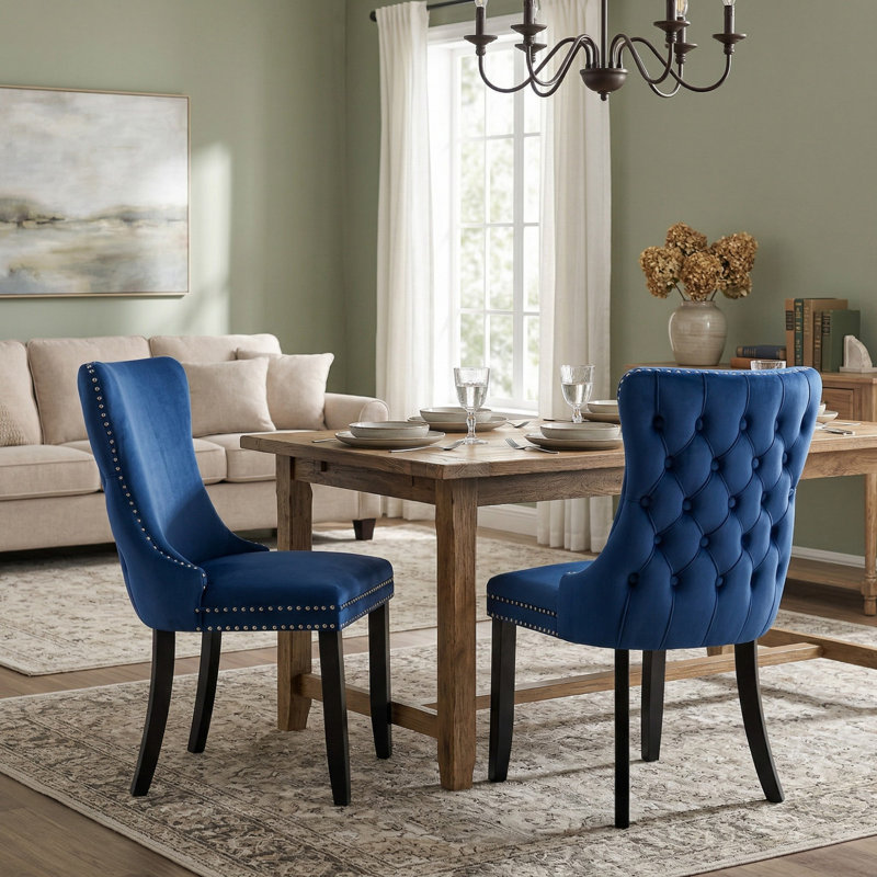 Meritxell Tufted Velvet Upholstered Back Parsons Chair Dining Chair, 2, Blue, Black