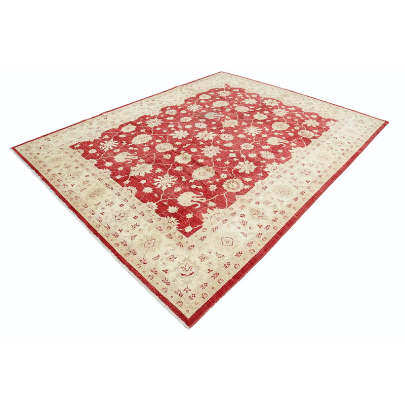 Tapis turc en laine noué à la main 8 x 10,3 pi avec fond rouge et bordure ivoire