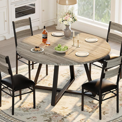 5-Piece Round Dining Table Set for 4, Sturdy Wooden Kitchen Table and 4 Upholstered Chairs