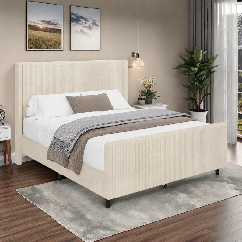 Base de lit rembourrée en velours côtelé à tête haute avec oreilles verticales et pied de lit haut, Grand lit, Crème, crème
