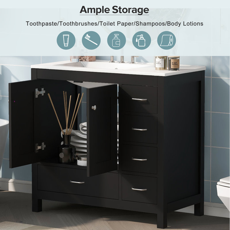 36 inch Bathroom Vanity with Sink, Featuring 2 Soft-Close Doors and 5 Drawers - EPA/UPC Certified, Black