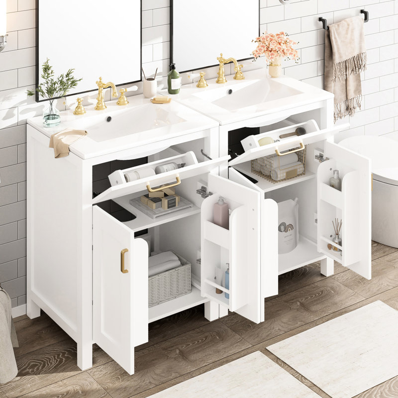 Meuble-lavabo de 48 pouces avec deux lavabos en céramique, des pieds en bois massif, des panneaux et des poignées dorées élégantes pour un espace double élégant avec finition peinte, conception de porte à fermeture en douceur, réglable en forme de U