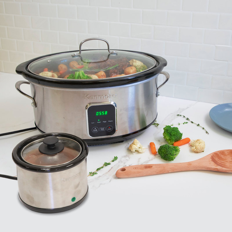 Kenmore 7 pte Mijoteuse programmable avec chauffe-benne, minuterie numérique, 4 réglages de chaleur, pot en céramique amovible et couvercle en verre, acier inoxydable / noir