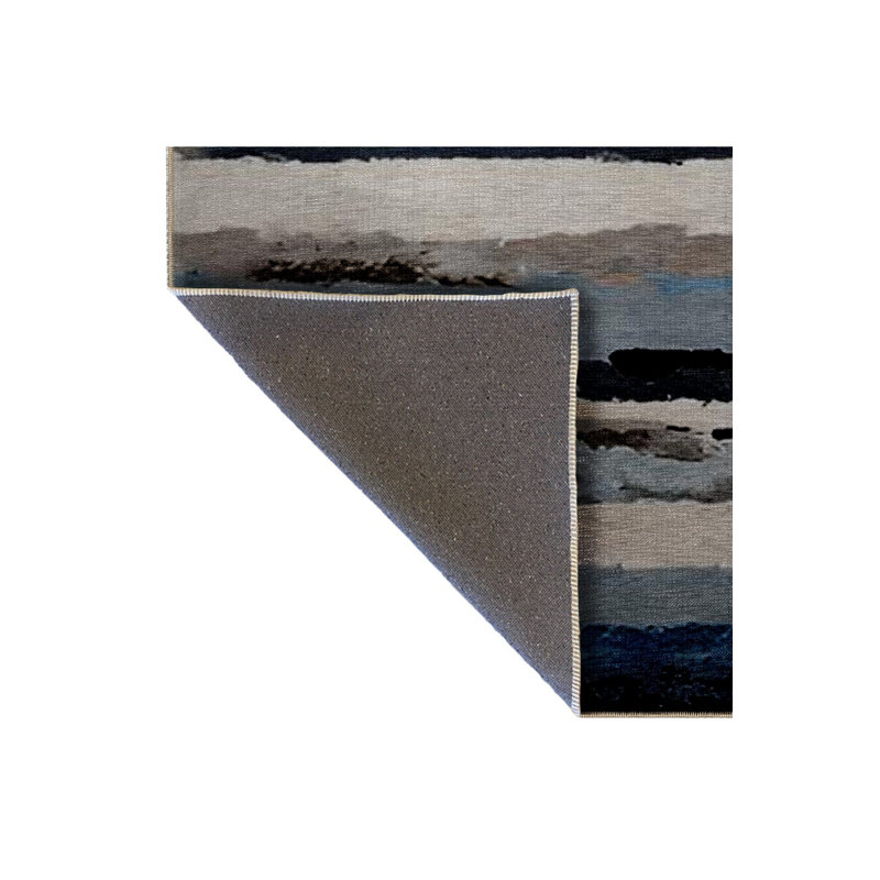 Tapis décoratif moderne à rayures abstraites bleu et gris lavable à la machine