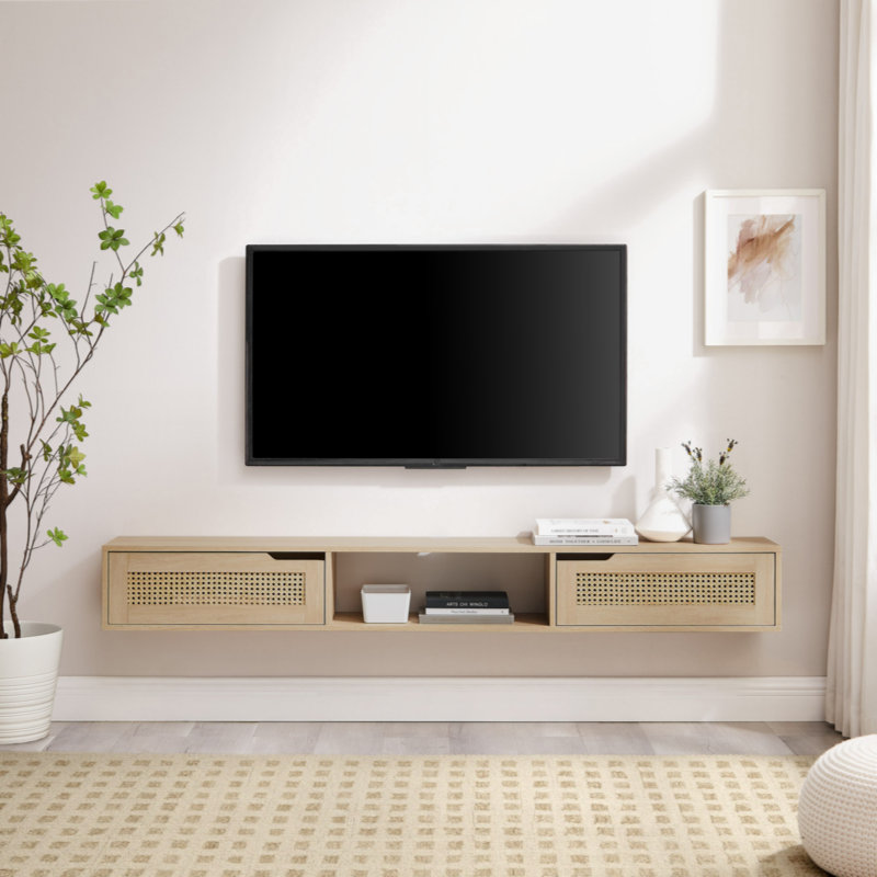 Petoskey Floating Wall Mounted TV Stand with 2-Dropdown Doors, Coastal Oak, 58" W