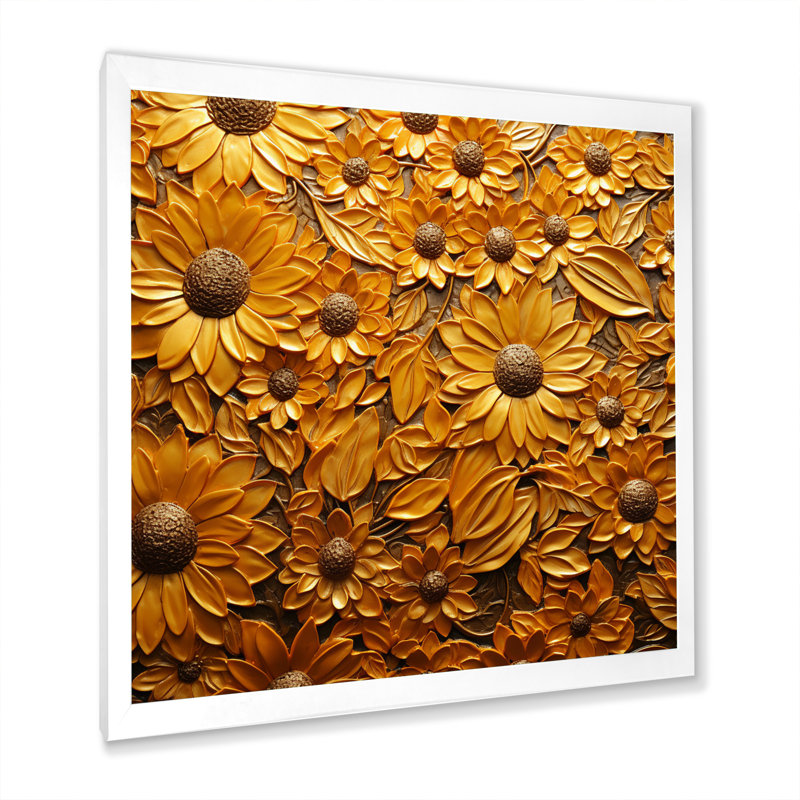 " Golden Radiant Sunflower Blooming ", 36" H x 36" W x 1.5" D, White Single Picture Framed