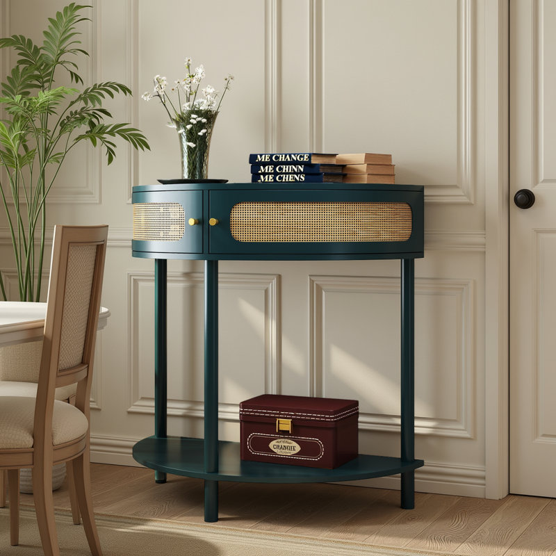 Elegant Semi-circle Entryway Console Table with 2 Rattan Storage Cabinet,Boho Half Moon End Table – Handwoven Rattan Doors + Curved Design – 2-Drawer Entryway Console w/Bottom Shelf