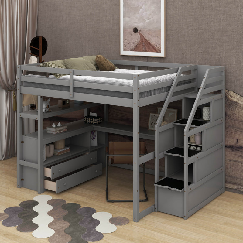 Full Size Loft Bed With Desk And Shelves, Gray, Full